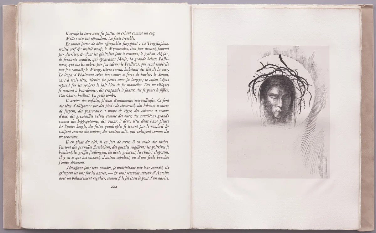 Day Appears at Last, . . . and in the Very Disk of the Sun Shines the Face of Jesus Christ (Le Jour enfin paraît, . . . et dans le disque même du soleil, rayonne la face de Jésus-Christ) (plate XXII) from La Tentation de Saint-Antoine by Odilon Redon, illustrated book, 1896