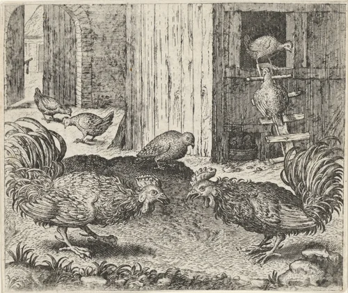 Fabel van de patrijs en de hanen by Aegidius Sadeler, print, 1608