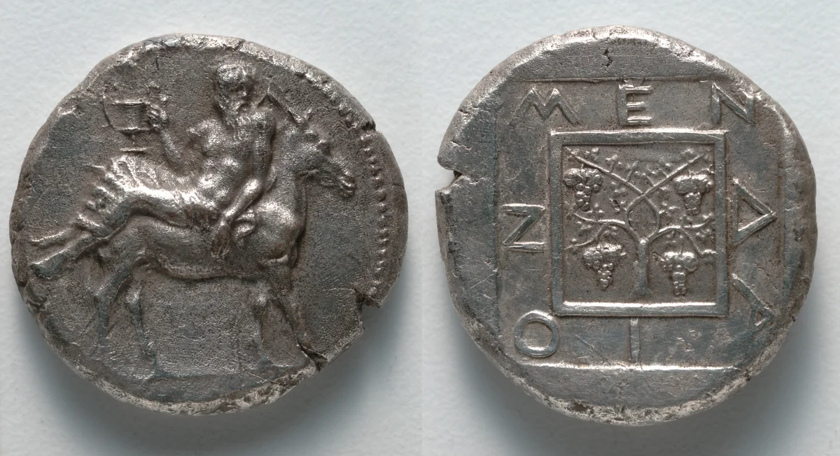 Tetradrachm: Dionysos on Donkey (obverse); Grapevine (reverse) by Unknown, metalwork, -435--425