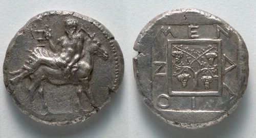 Tetradrachm: Dionysos on Donkey (obverse); Grapevine (reverse) by Unknown, metalwork, -435--425