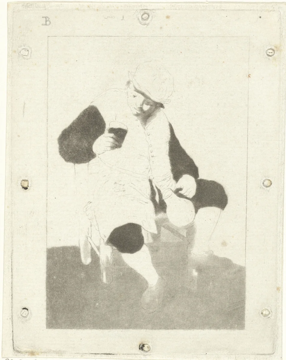 Zittende boer met kruik by Cornelis Ploos van Amstel, print, 1763-1768