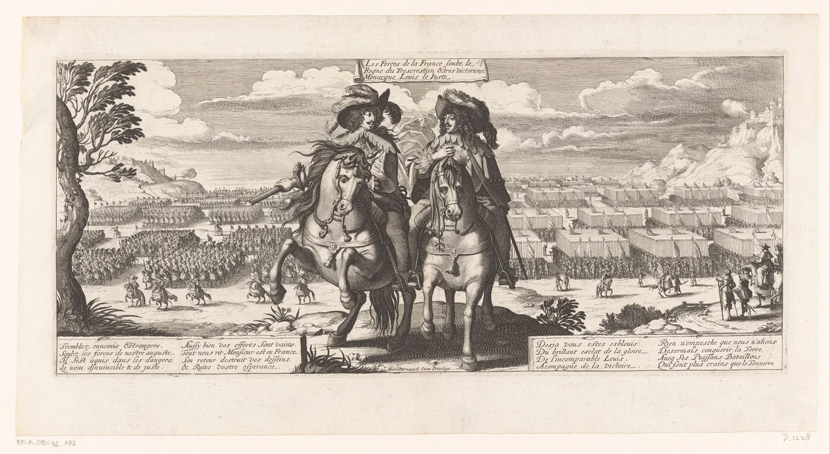 Lodewijk XIII en Gaston Jean Baptiste, hertog van Orléans te paard met op achtergrond de troepen in gelid by Abraham Bosse, print, 1635