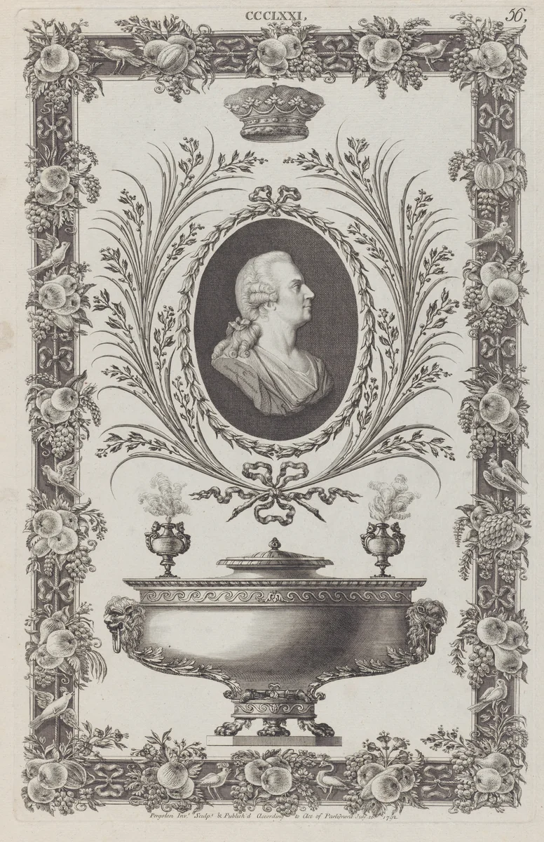 Portrait of the Duke of Northumberland, Vase and Ornamental Frame, no. CCCLXXI, plate 56 from "Designs for Various Ornaments" by Michelangelo Pergolesi, print, 1792