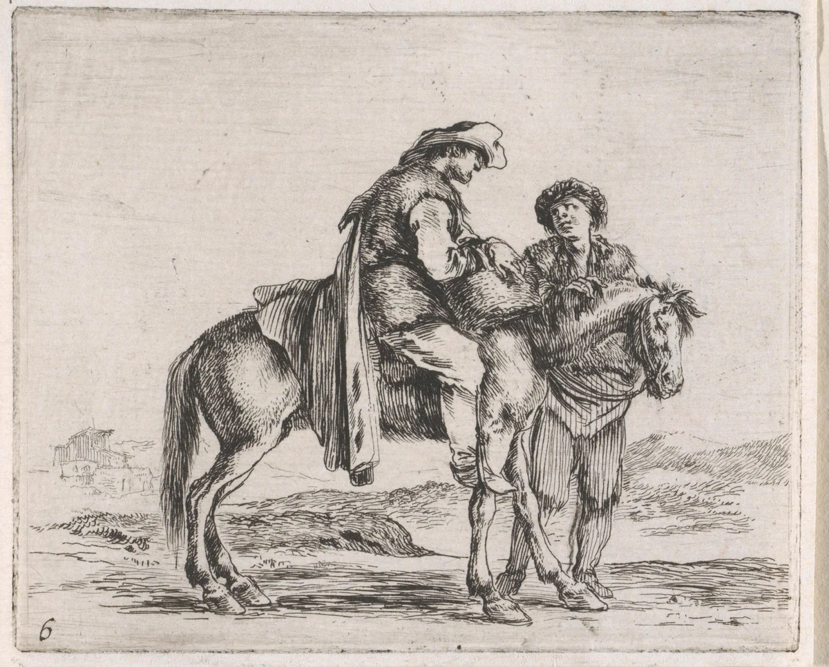 Man te paard in gesprek met een staande man by Stefano della Bella, print, 1632-1664