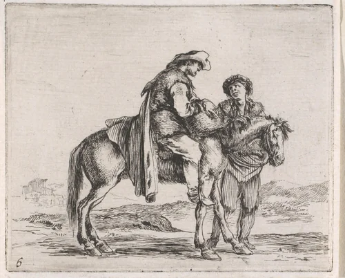 Man te paard in gesprek met een staande man by Stefano della Bella, print, 1632-1664