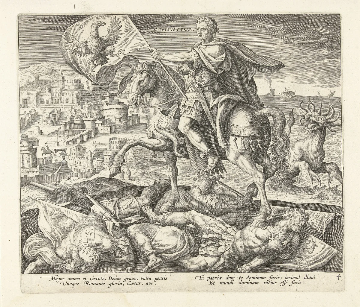 Julius Caesar als vierde koning uit het visioen van Daniël by Unknown, print, 1570-1618