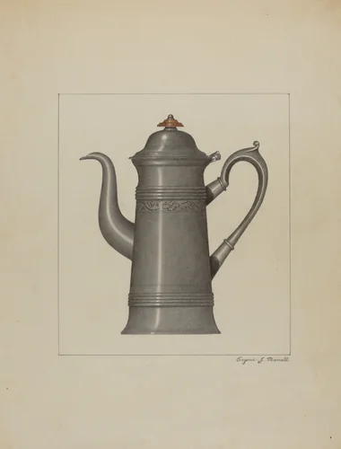 Pewter Coffee Pot by Eugene Barrell, index of american design, 1936