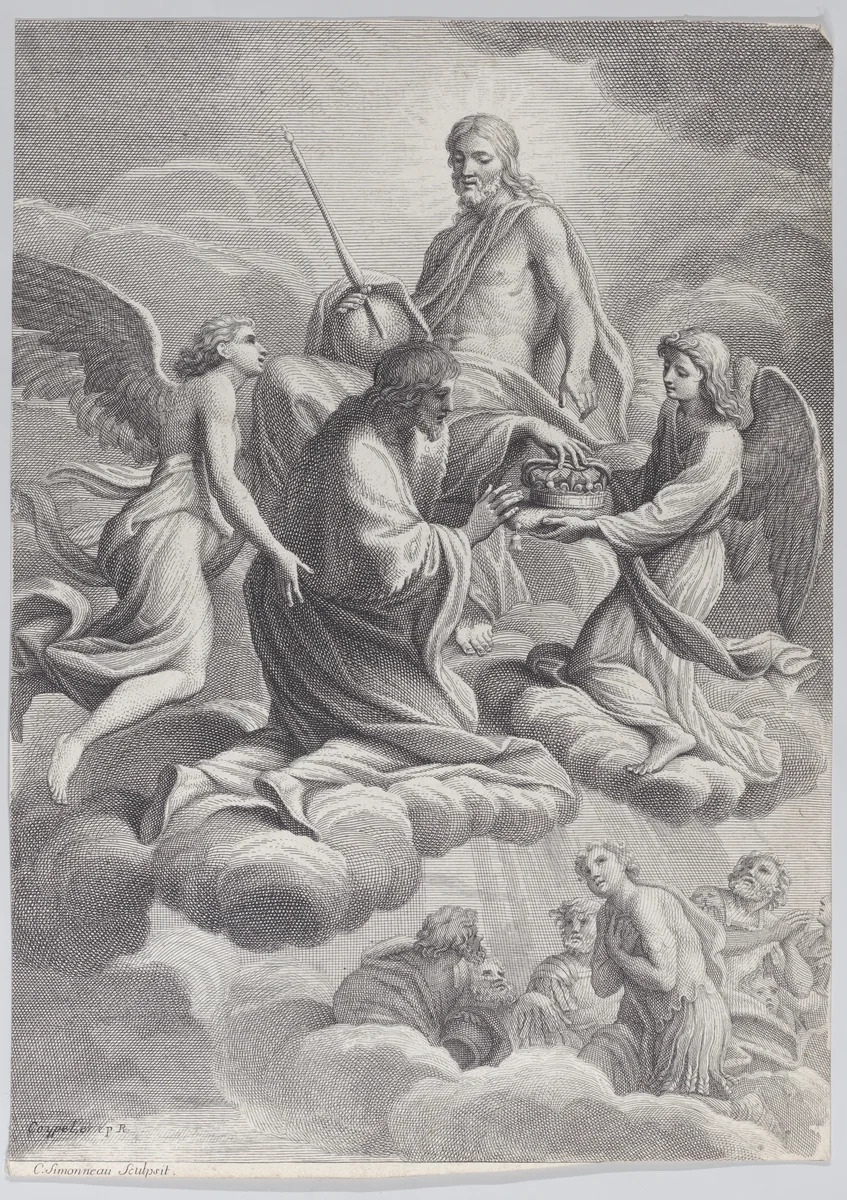 Saint Louis of France received into heaven by Christ and two angels who offer him the crown of France by Charles Simonneau, print, 1671-1680