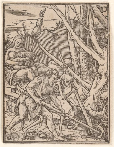 Adam Ploughing, from "The Dance of Death" by Hans Holbein the Younger, print, 1521-1538