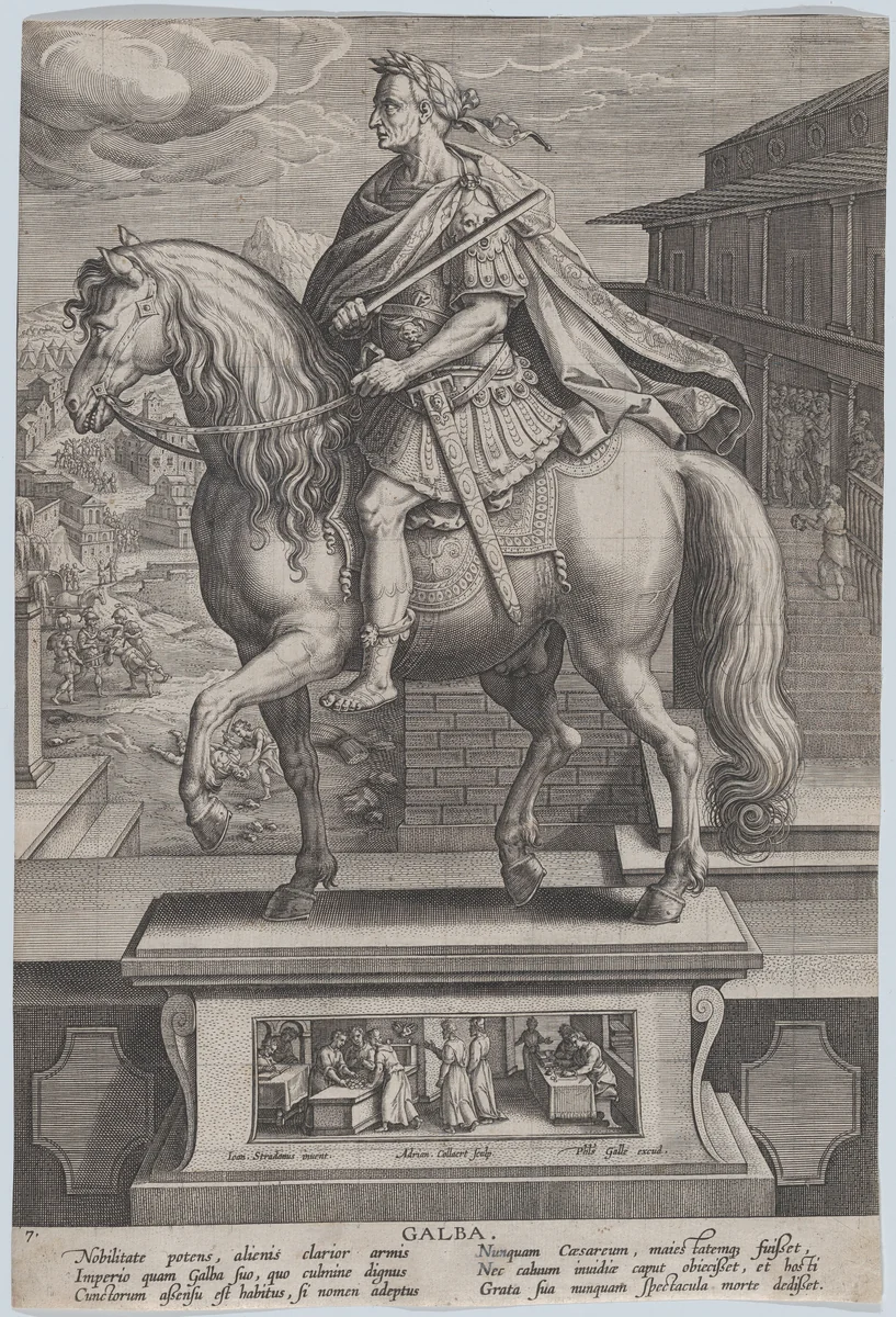 Plate 7: equestrian statue of Galba, in profile to the left, with a beheading scene in the background, from 'Roman Emperors on Horseback' by Adriaen Collaert, print, 1582-1594