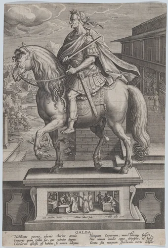 Plate 7: equestrian statue of Galba, in profile to the left, with a beheading scene in the background, from 'Roman Emperors on Horseback' by Adriaen Collaert, print, 1582-1594