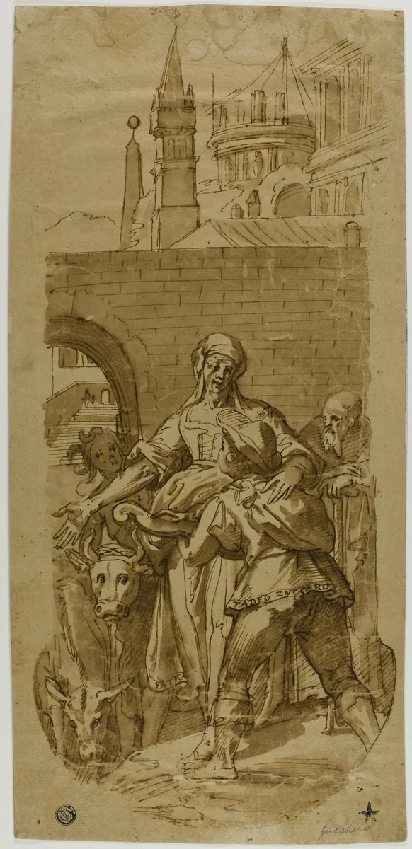 Taddeo Zuccaro at the Entrance to Rome, Greeted by Servitude, Hardship, and Toil by Federico Zuccaro, drawing, 1590-1600