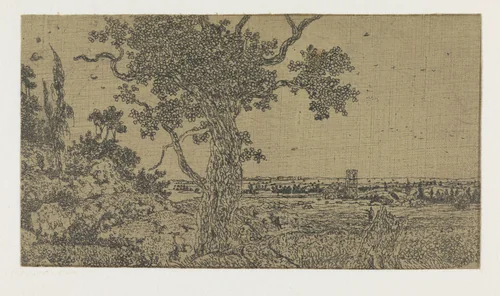 Landscape with an Oak Tree and a Distant View by Hercules Segers, print, 1618-1622