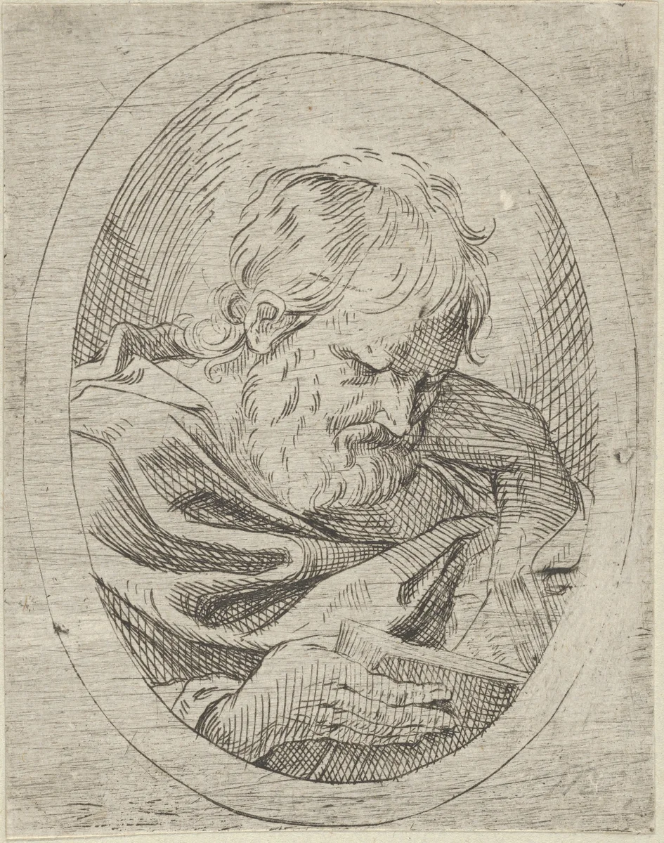 An apostle resting his head on his left hand and reading a book, in an oval frame, from "Christ, the Virgin, and Thirteen Apostles" by anonymous, print, 1595-1645