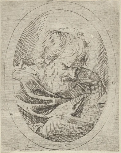 An apostle resting his head on his left hand and reading a book, in an oval frame, from "Christ, the Virgin, and Thirteen Apostles" by anonymous, print, 1595-1645