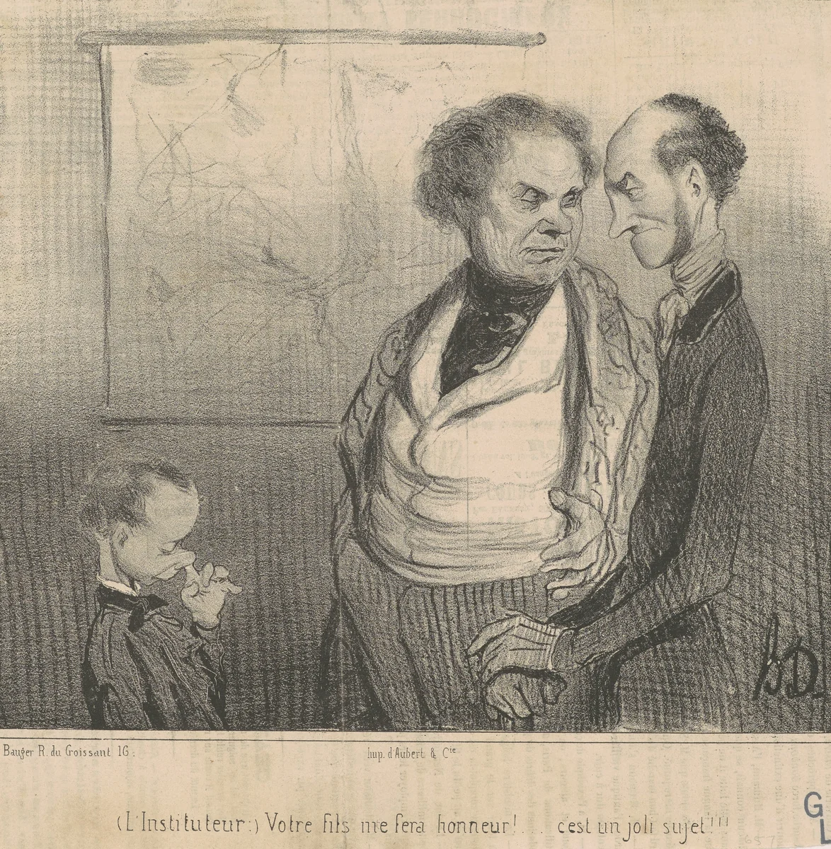 L'instituteur: votre fils me fera honneur!... by Honoré Daumier, print, 1840
