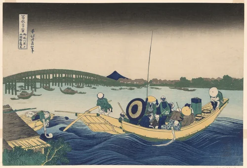 Fuji from Ommayagashi with Twilight over Ryogoku Bridge (Ommayagashi yori ryogokubashi sekiyo o miru), from the series "Thirty-six Views of Mount Fuji (Fugaku sanjurokkei)" by Katsushika Hokusai (葛飾 北斎), print, 1830-1832