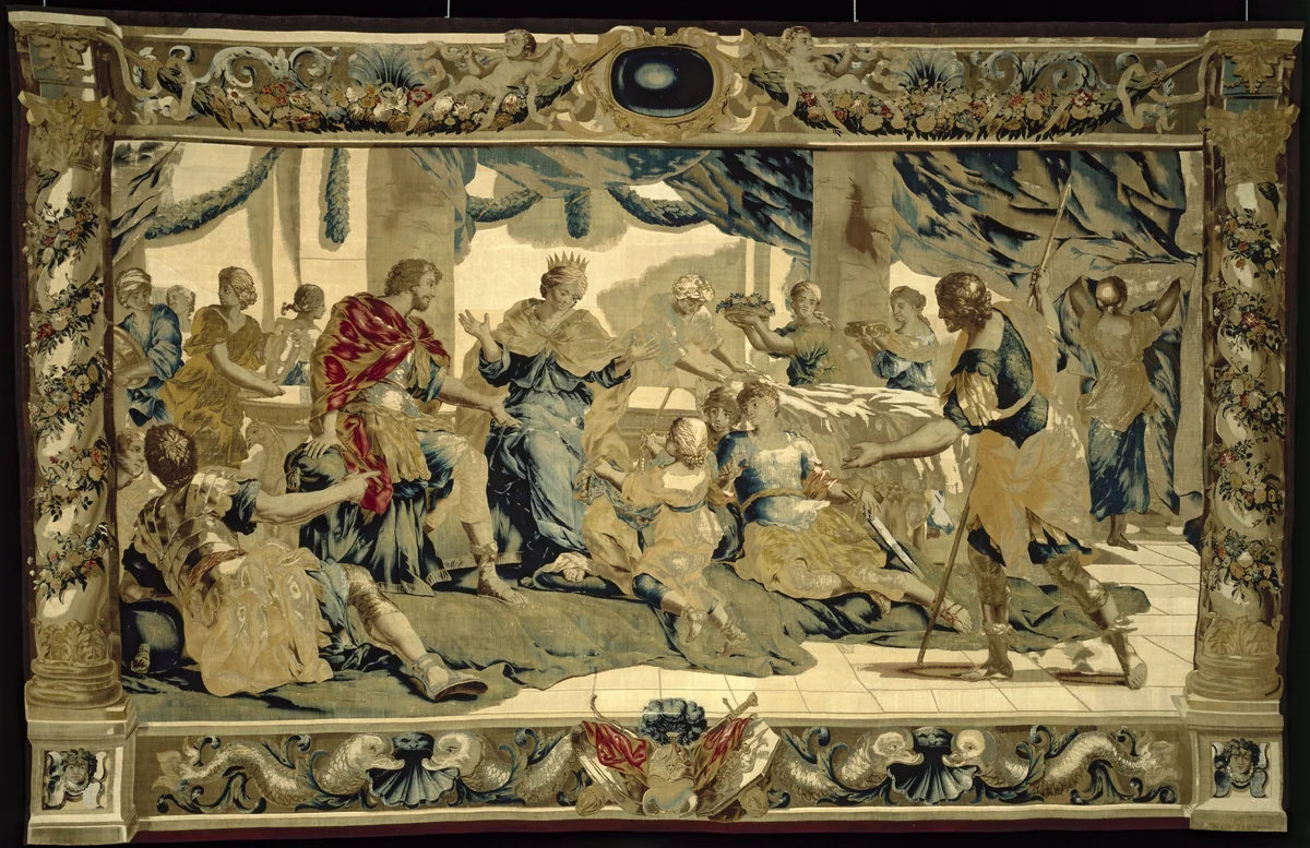 Cupid disguised as Aeneas's son, presents gifts to Dido by Giovanni Francesco Romanelli, textile, 1679