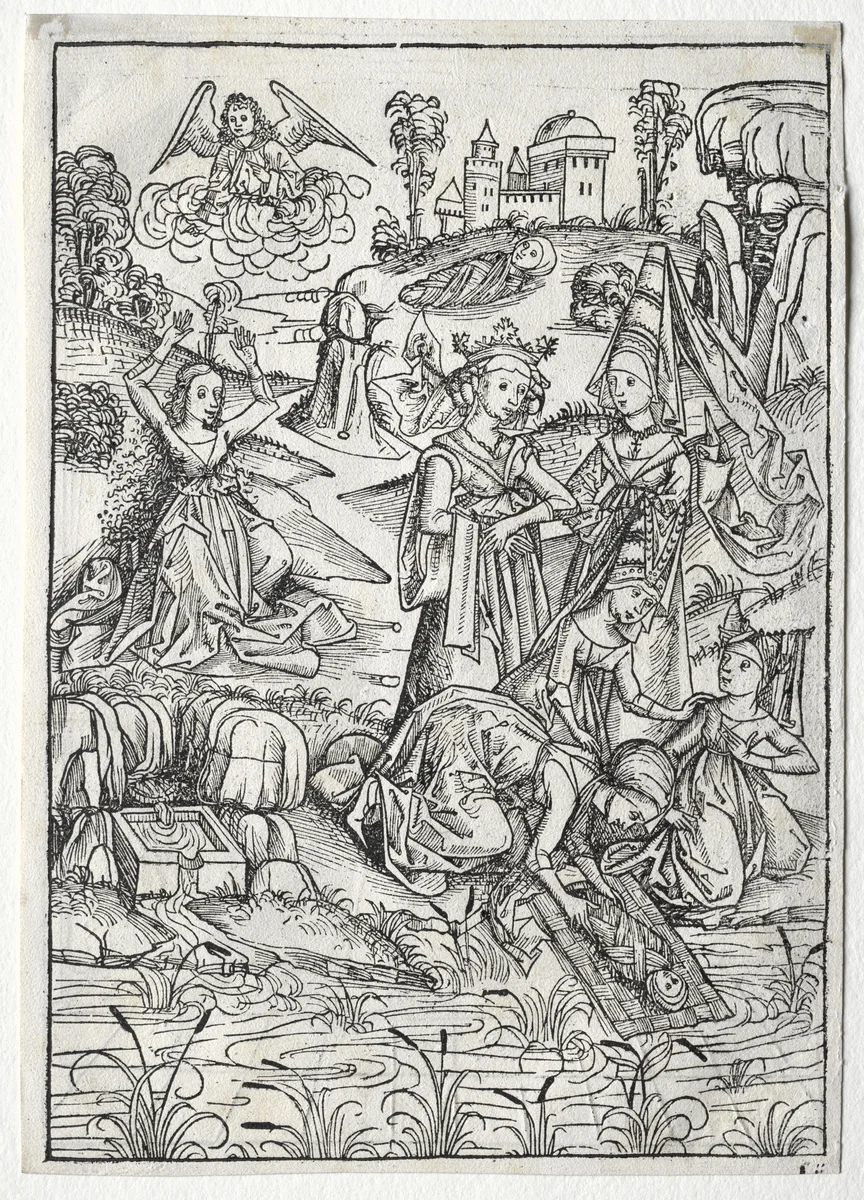 Der Schatzbehalter: Moses Found by Pharaoh's Daughter (recto) by Michael Wolgemut, print, 1491