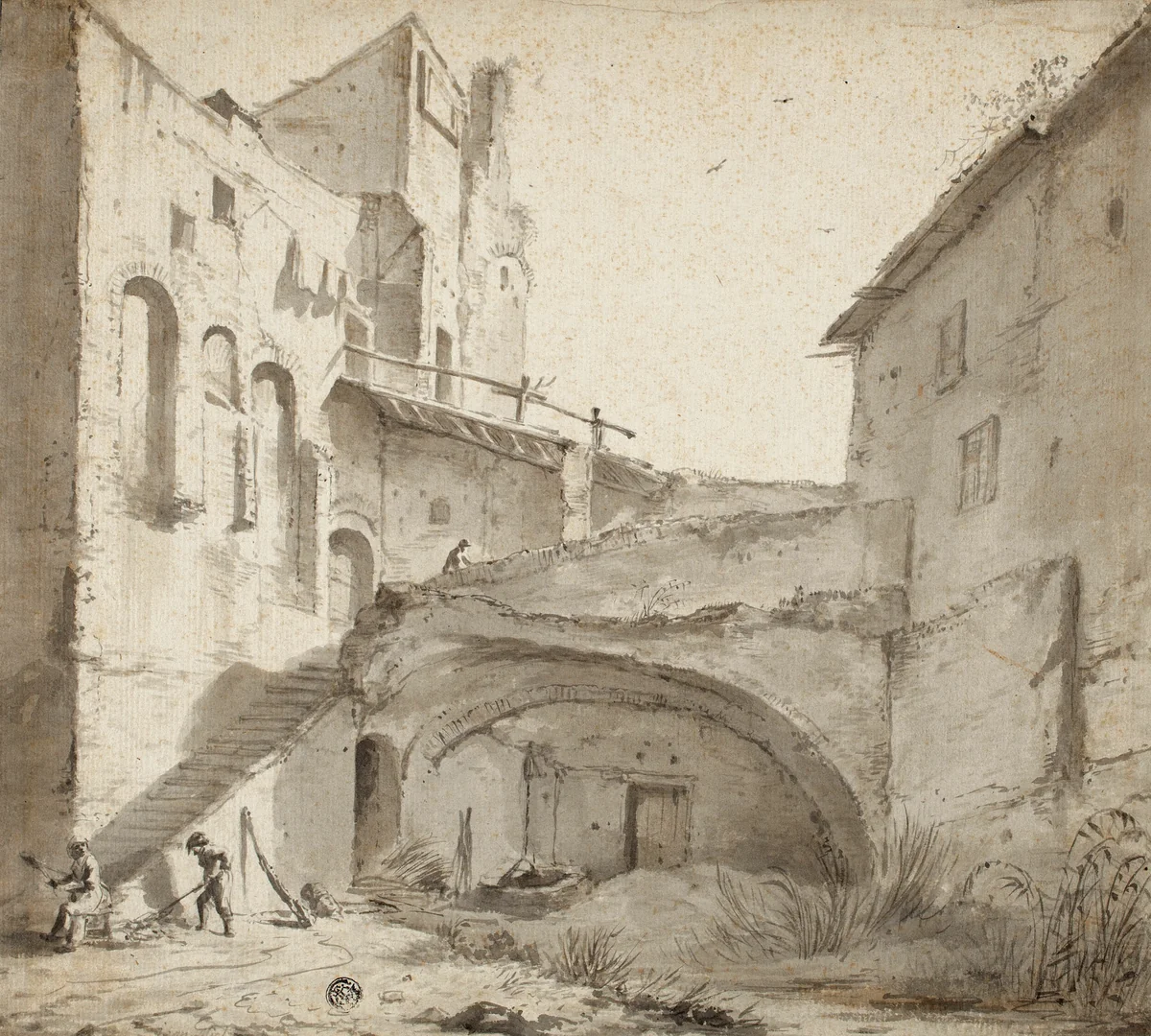 Overgrown Courtyard of Ruined Castle by Jan Asselijn, drawing, 1619-1663
