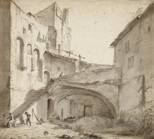 Overgrown Courtyard of Ruined Castle by Jan Asselijn, drawing, 1619-1663