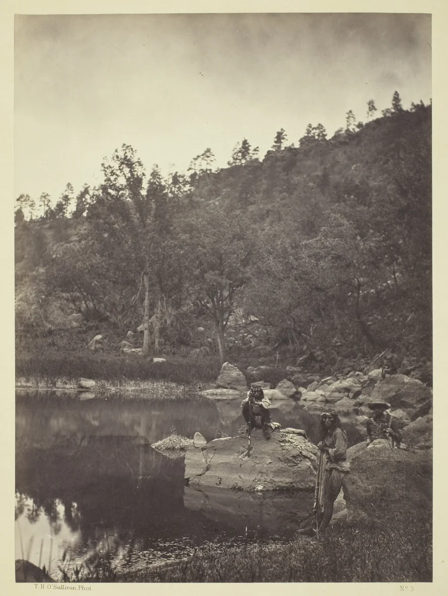 View on Apache Lake, Sierra Blanca Range, Arizona, Two Apache Scouts in the Foreground by Timothy O'Sullivan, photograph, 1873
