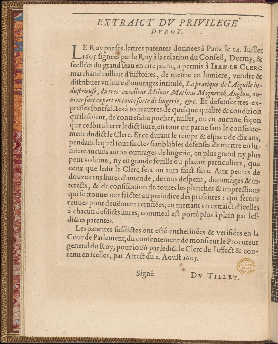 La Pratique de l'Aiguille, page 4 (verso) by Matthias Mignerak, book, 1605