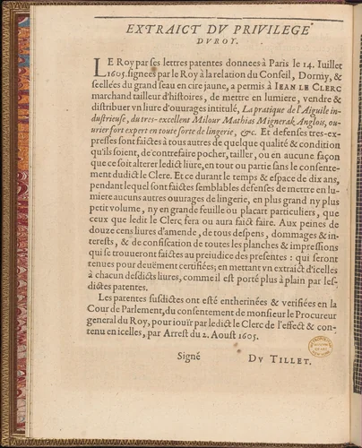 La Pratique de l'Aiguille, page 4 (verso) by Matthias Mignerak, book, 1605