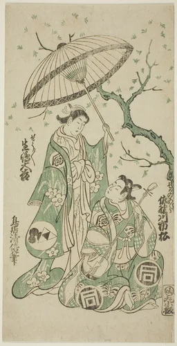 The Actors Sanogawa Ichimatsu I as Soga no Goro and Ikushima Daikichi II as Kewaizaka no Shosho in the play "Monzukushi Nagoya Soga," performed at the Ichimura Theater in the first month, 1748 by Torii Kiyomasu II (鳥居 清倍), print, 1748