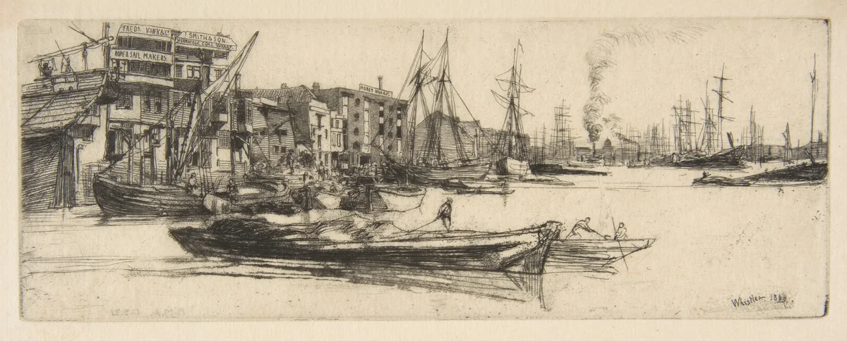 Thames Warehouses by James McNeill Whistler, print, 1859