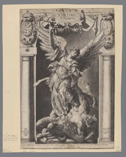 Aartsengel Michaël doodt de duivel by Unknown, print, 1589-1615