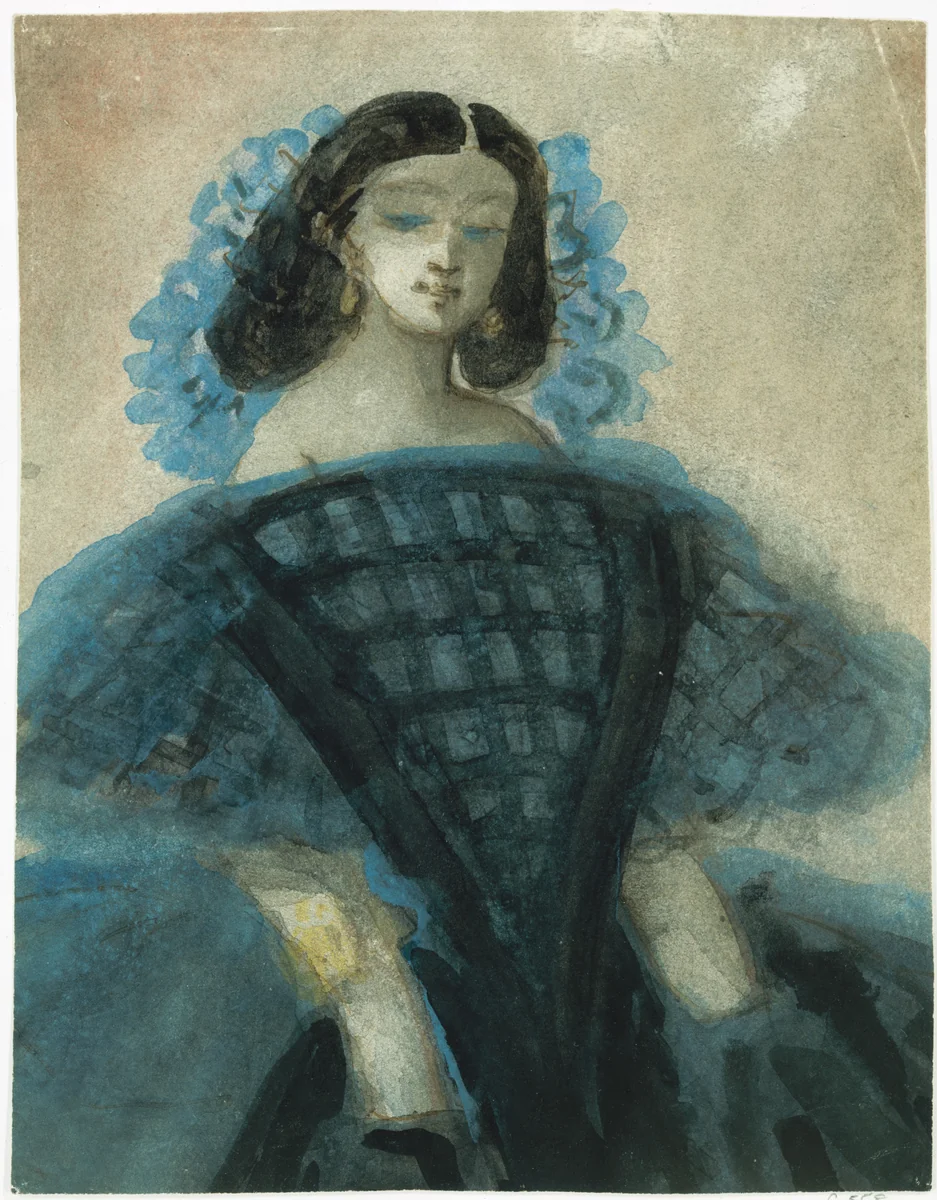 Young Woman in a Blue and Black Dress by Constantin Guys, drawing, 1863