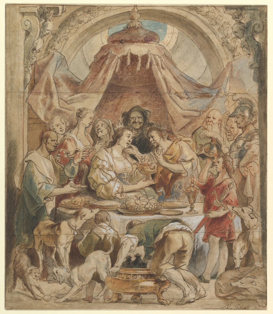 The Banquet of Anthony and Cleopatra by Jacob Jordaens, drawing, 1605-1678