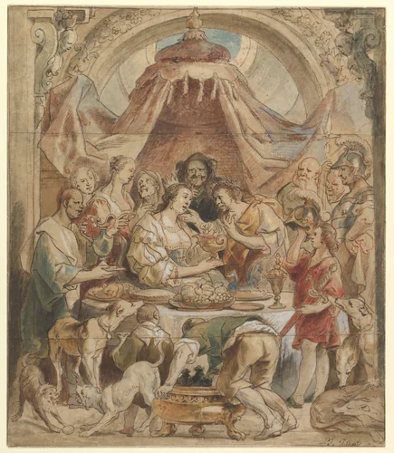 The Banquet of Anthony and Cleopatra by Jacob Jordaens, drawing, 1605-1678
