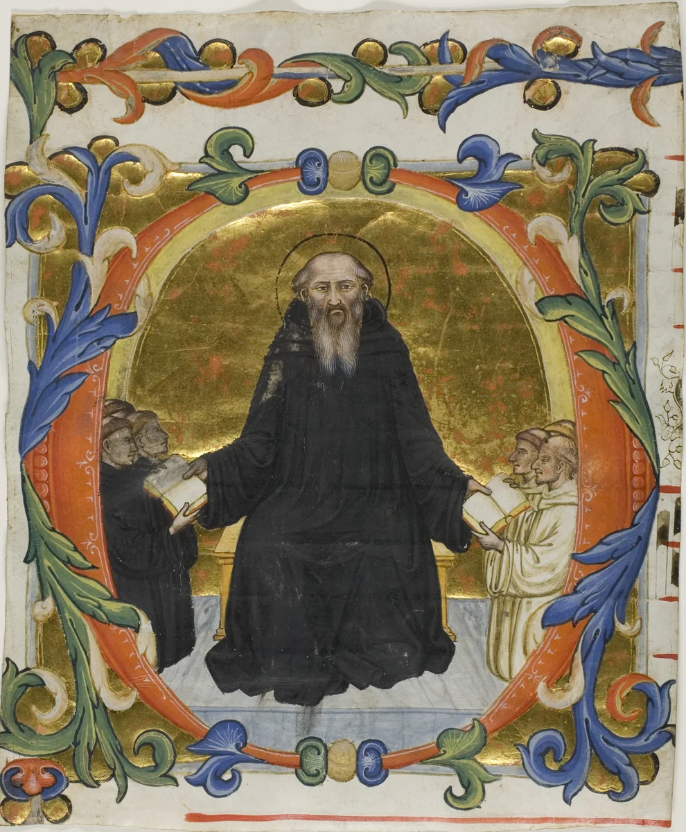 Saint Benedict Presenting his Rule to Benedictine and Cistercian Monks in a Historiated Initial "O" from a Choirbook by Martino di Bartolomeo, painting, 1375-1399
