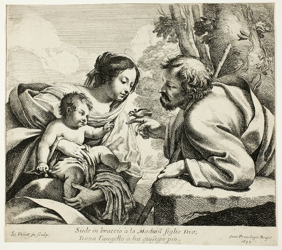 Holy Family With a Bird by Simon Vouet, print, 1633