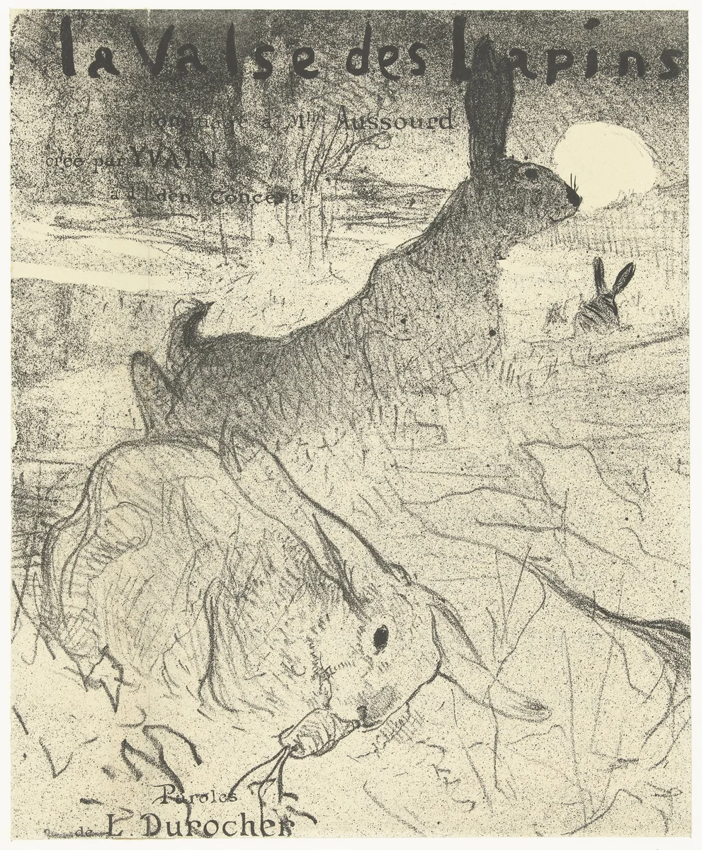 Omslag voor muziekblad met lied La Valse des Lapins met konijnen in landschap by Henri de Toulouse-Lautrec, print, 1895