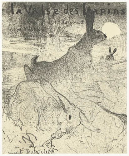 Omslag voor muziekblad met lied La Valse des Lapins met konijnen in landschap by Henri de Toulouse-Lautrec, print, 1895