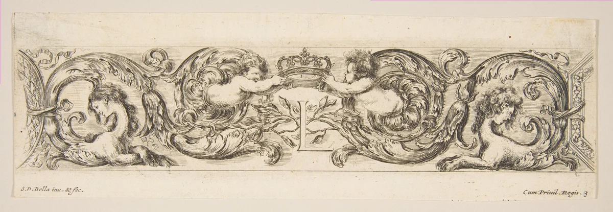 Rinceaux with Two Children Holding a Royal Crown Over the Letter "L," plate 3 from "Decorative friezes and foliage" (Ornamenti di fregi e fogliami) by Stefano della Bella, print, 1643-1653