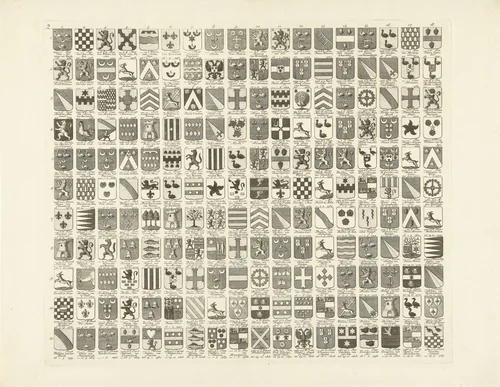 Wapenkaart met de wapens en namen van de heren veertigen van de stad Leiden by Abraham Delfos, print, 1758