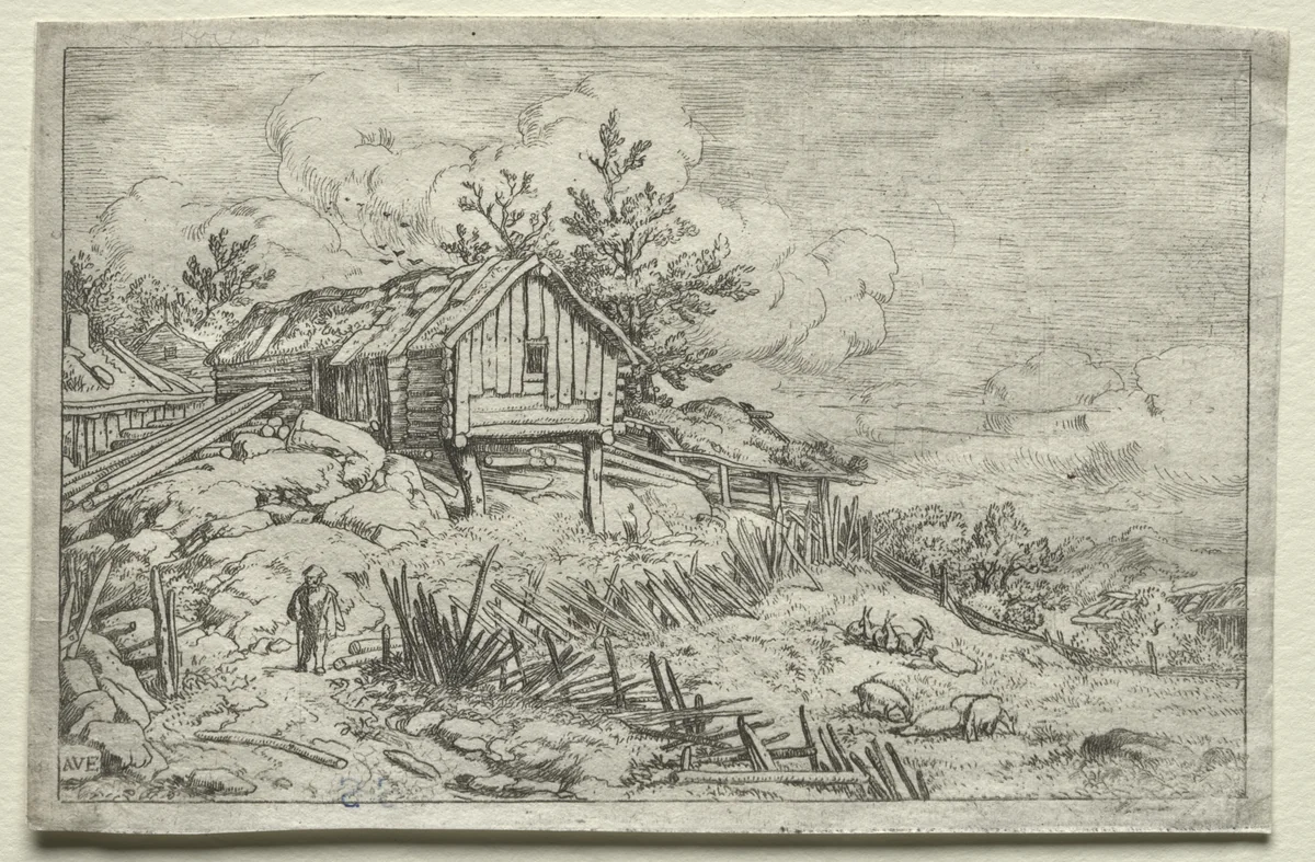 Man in Gateway of Deserted House by Allart van Everdingen, print, 1636-1675