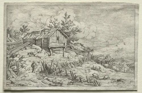 Man in Gateway of Deserted House by Allart van Everdingen, print, 1636-1675