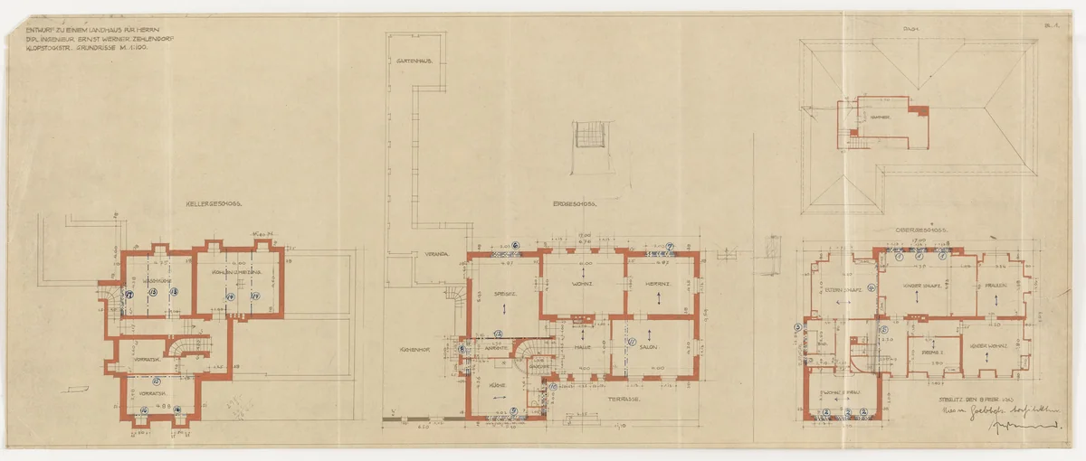 Werner House, Berlin-Zehlendorf, Germany, Four plans by Ludwig Mies van der Rohe, mies van der rohe archive, 1913