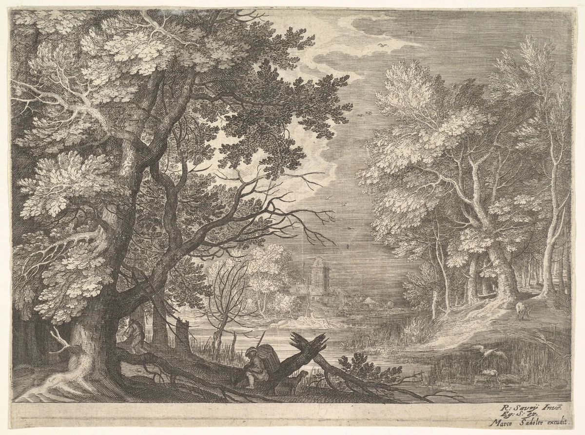 Woodland scene with marshy banks, from "Six Landscapes in Tyrol" by Roelandt Savery, print, 1600