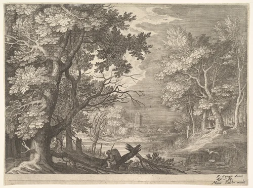Woodland scene with marshy banks, from "Six Landscapes in Tyrol" by Roelandt Savery, print, 1600
