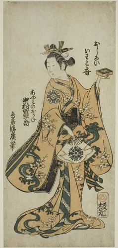 The Actor Nakamura Tomijuro I as Omi no Okane in the play "Kongen Okuni Kabuki" performed at the Nakamura Theater in the seventh month, 1754 by Torii Kiyohiro, print, 1754