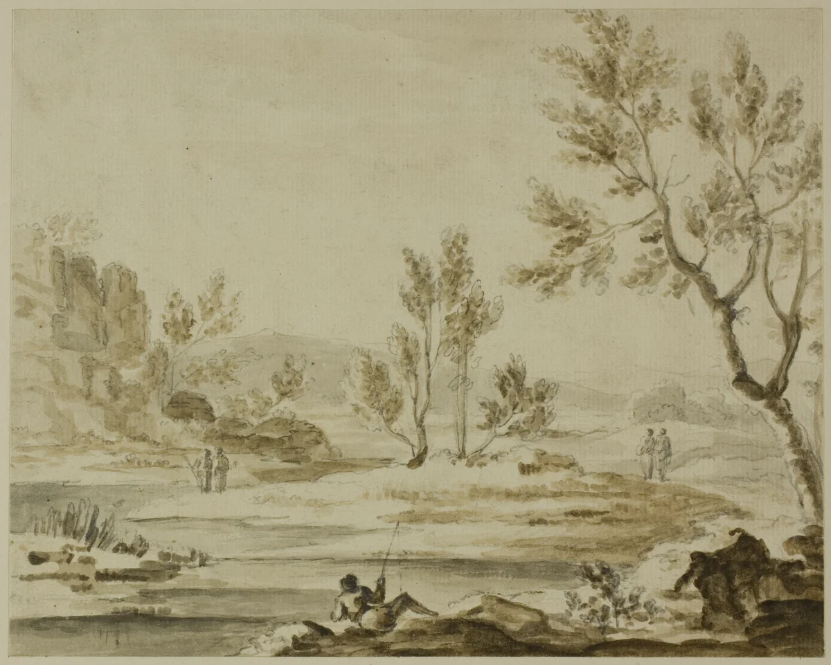 Fisherman and Figures in River Landscape by Jean Baptiste Claude Chatelain, drawing, 1730-1771