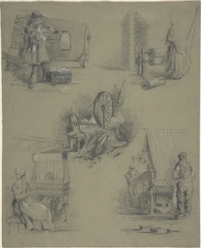 Five drawings showing processes of weaving and spinning by anonymous, drawing, 1800-1899