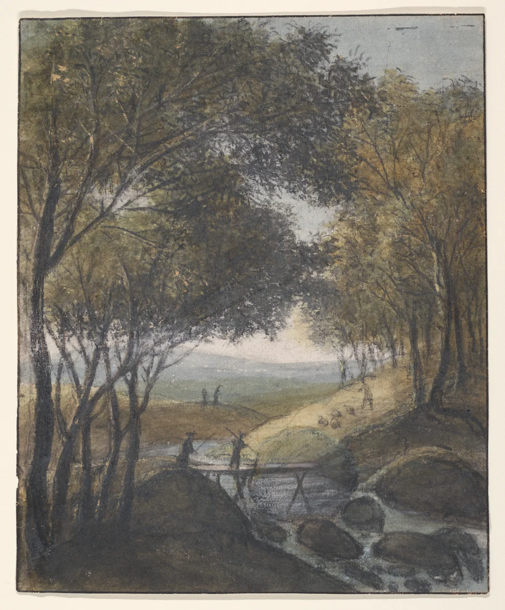 Landscape with a Traveler Crossing a Bridge (recto); Sketches of a Gate, a Bridge, and a Town Hall (verso) by Anthonie Waterloo, drawing, 1629-1690