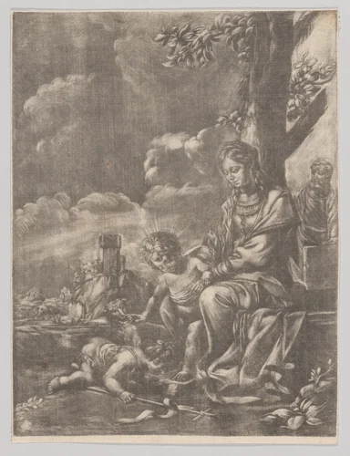 The Holy Family with the infant Saint John kissing Christ's feet by anonymous, print, 1640-1660